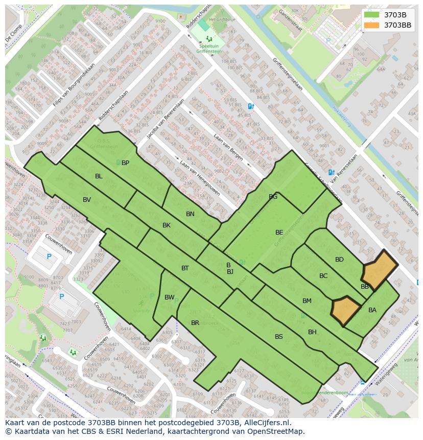 Afbeelding van het postcodegebied 3703 BB op de kaart.