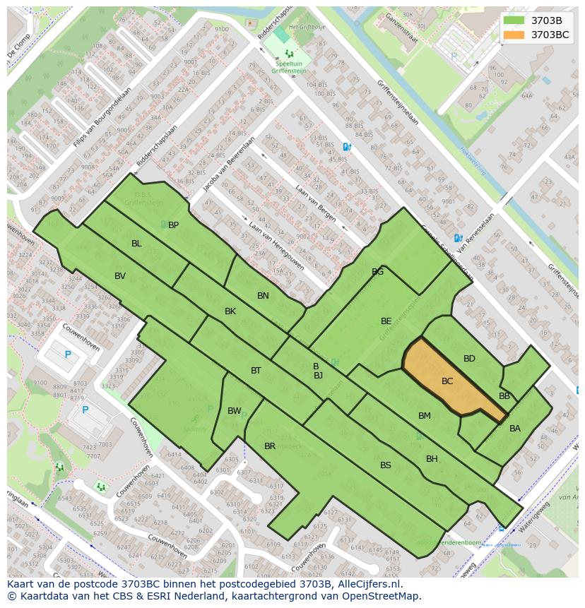 Afbeelding van het postcodegebied 3703 BC op de kaart.