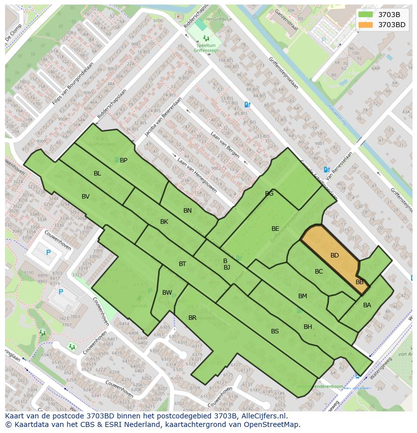 Afbeelding van het postcodegebied 3703 BD op de kaart.
