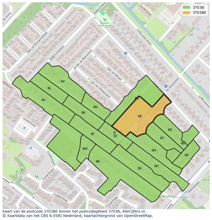 Afbeelding van het postcodegebied 3703 BE op de kaart.