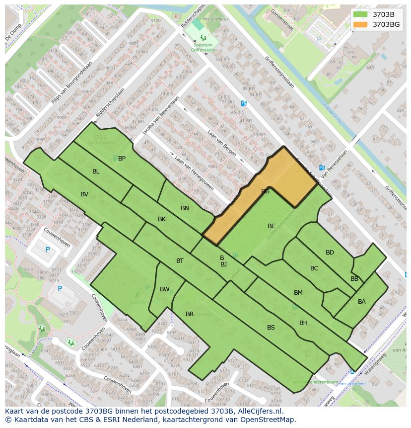 Afbeelding van het postcodegebied 3703 BG op de kaart.