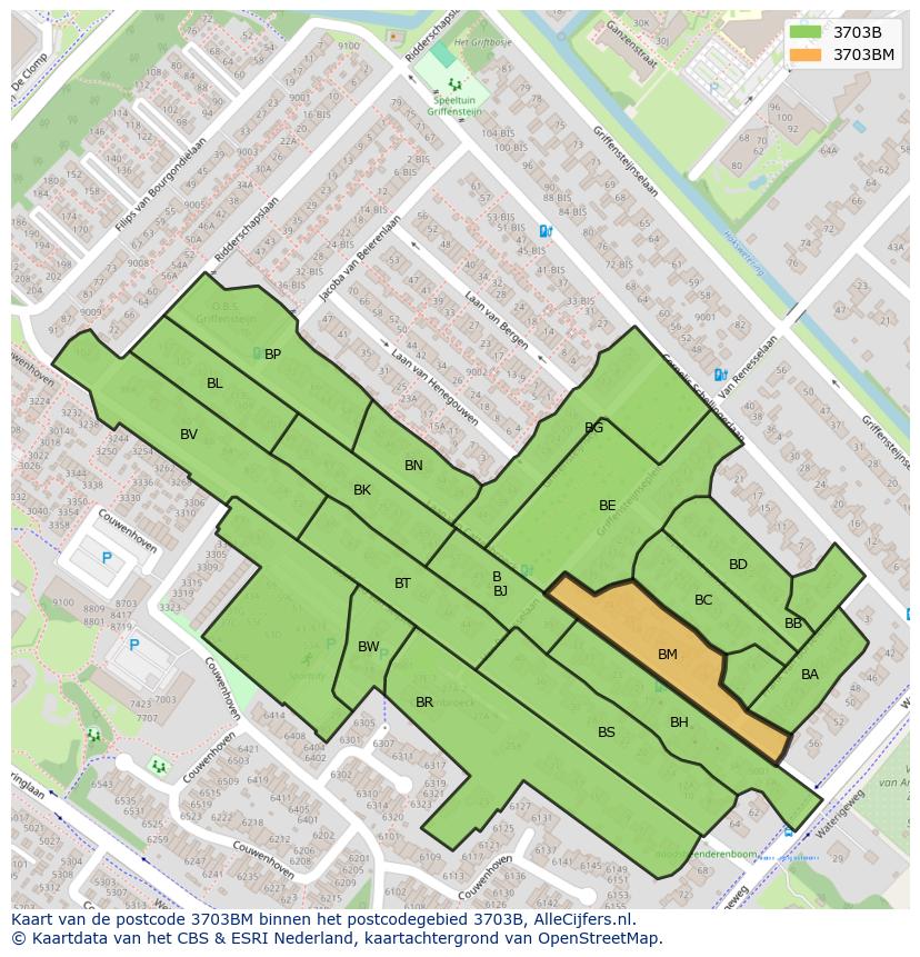 Afbeelding van het postcodegebied 3703 BM op de kaart.