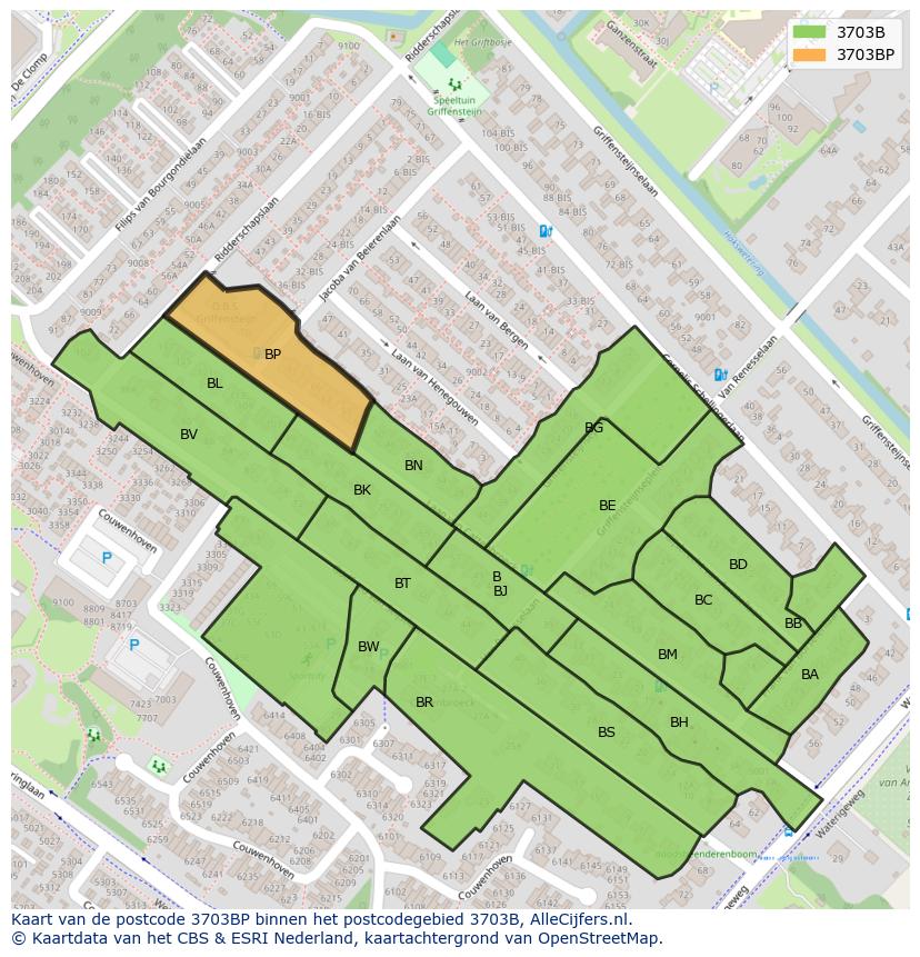 Afbeelding van het postcodegebied 3703 BP op de kaart.
