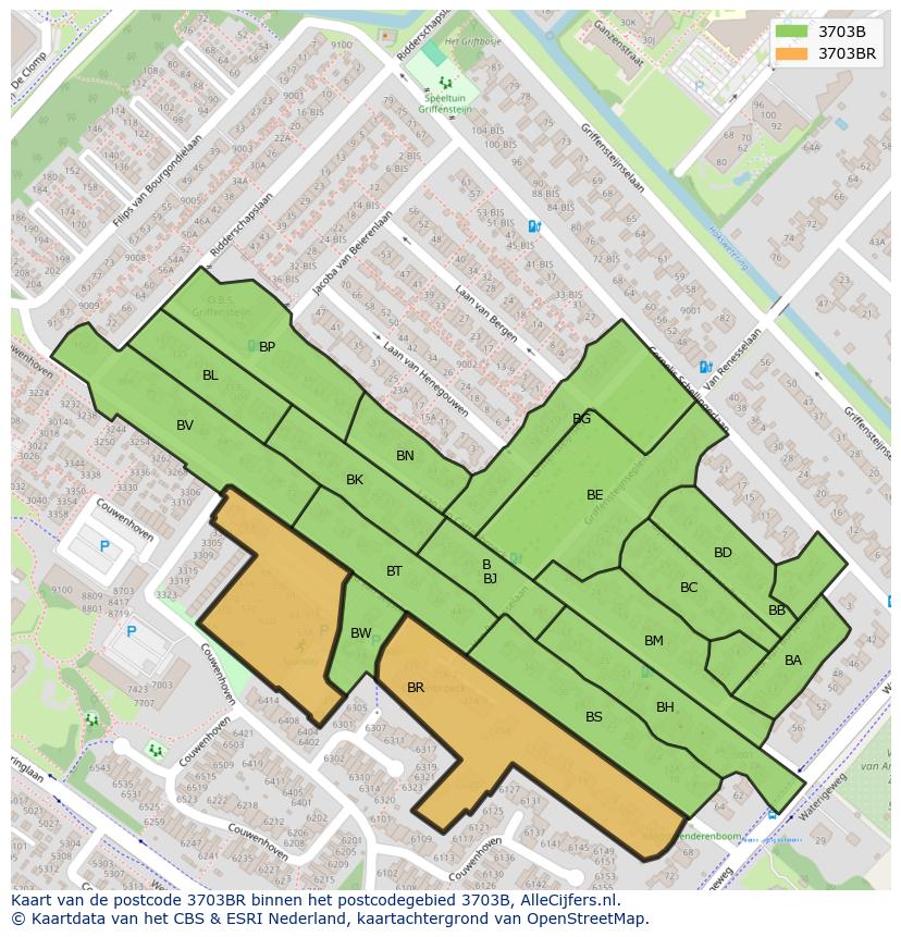 Afbeelding van het postcodegebied 3703 BR op de kaart.