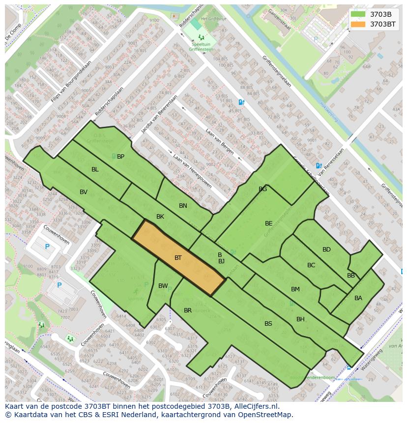 Afbeelding van het postcodegebied 3703 BT op de kaart.