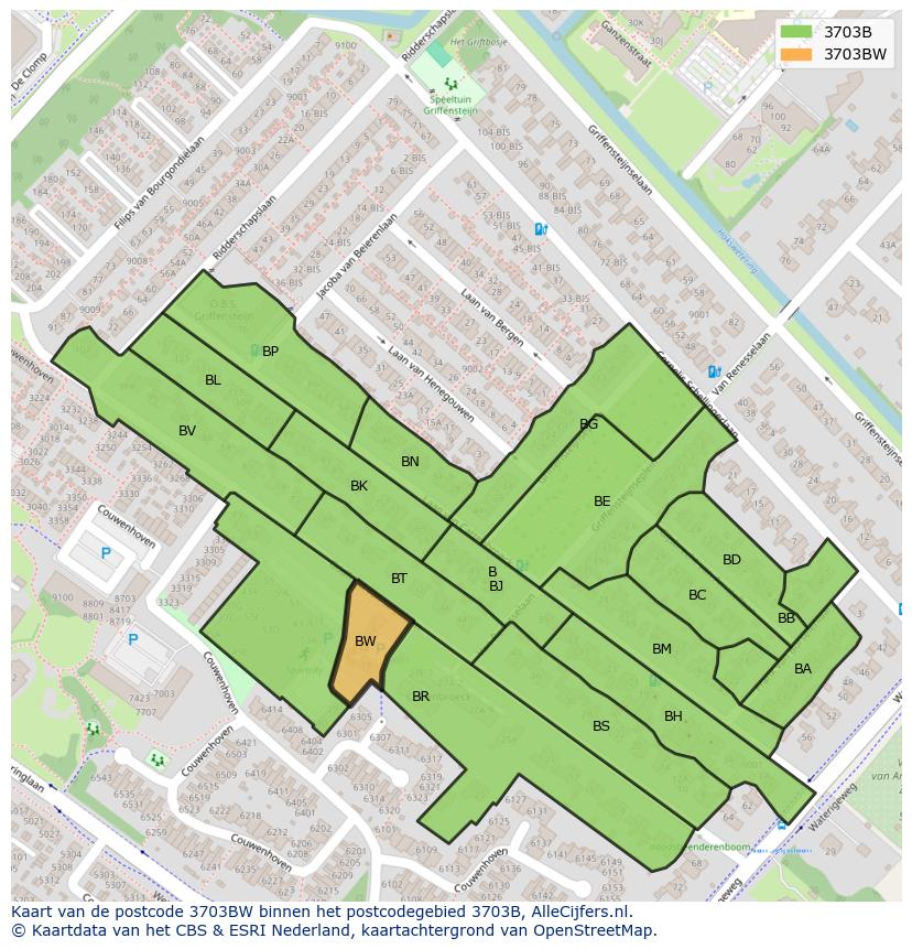 Afbeelding van het postcodegebied 3703 BW op de kaart.