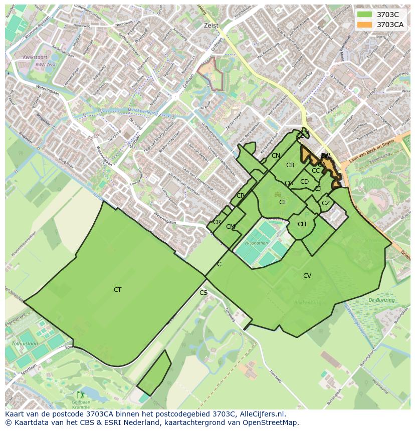 Afbeelding van het postcodegebied 3703 CA op de kaart.