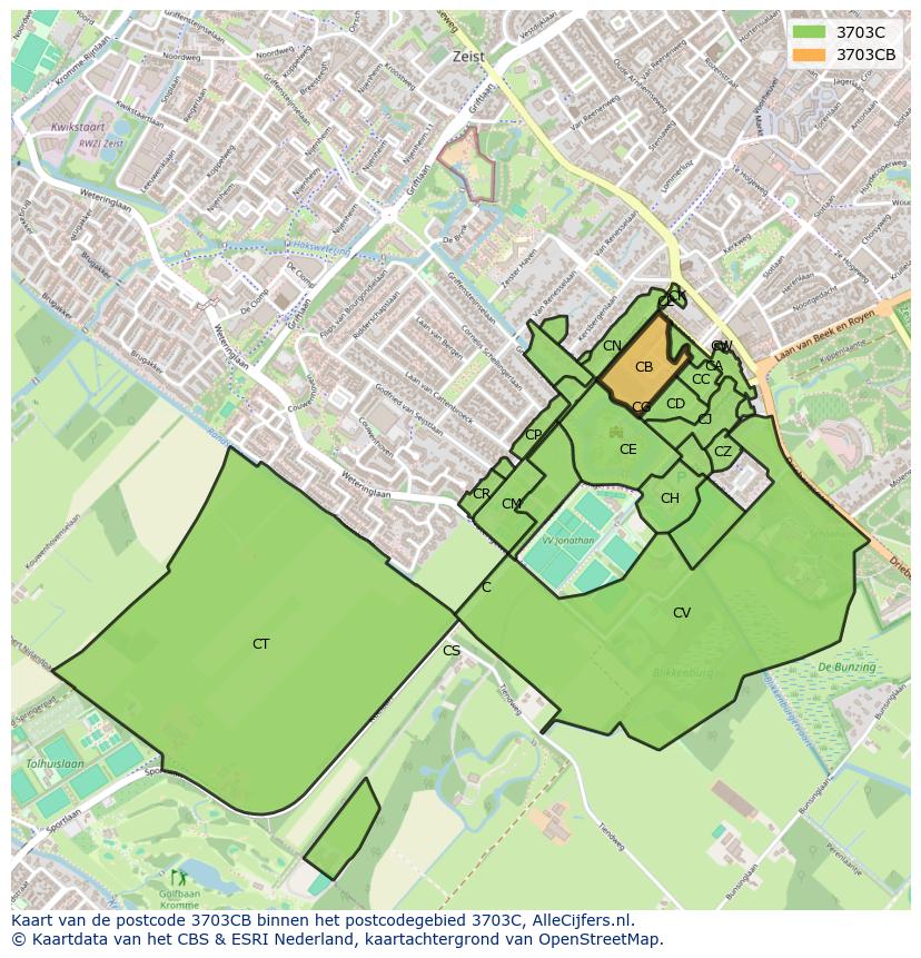 Afbeelding van het postcodegebied 3703 CB op de kaart.