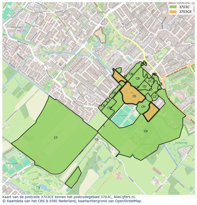 Afbeelding van het postcodegebied 3703 CE op de kaart.