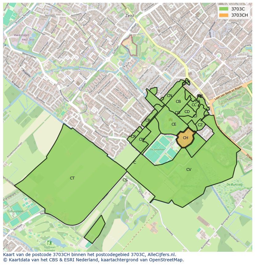 Afbeelding van het postcodegebied 3703 CH op de kaart.