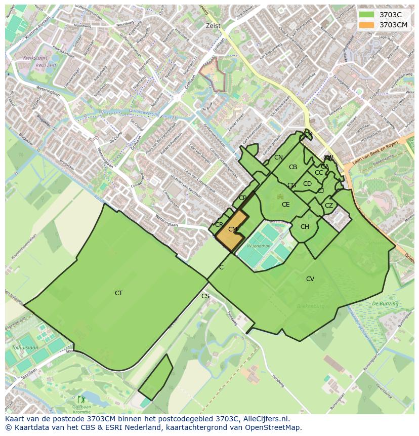 Afbeelding van het postcodegebied 3703 CM op de kaart.