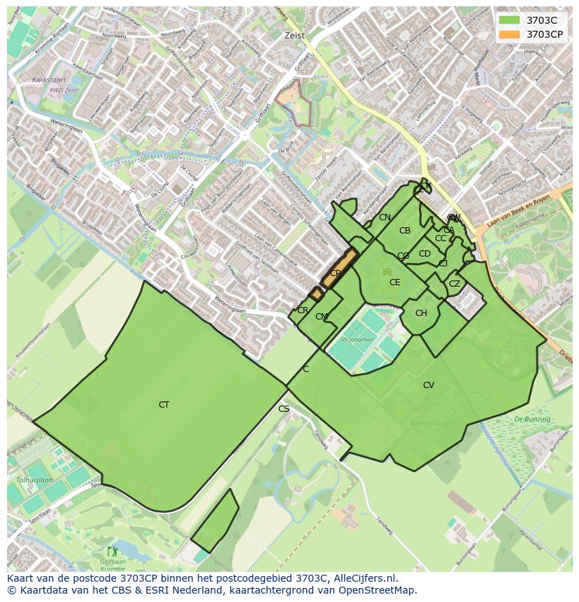 Afbeelding van het postcodegebied 3703 CP op de kaart.