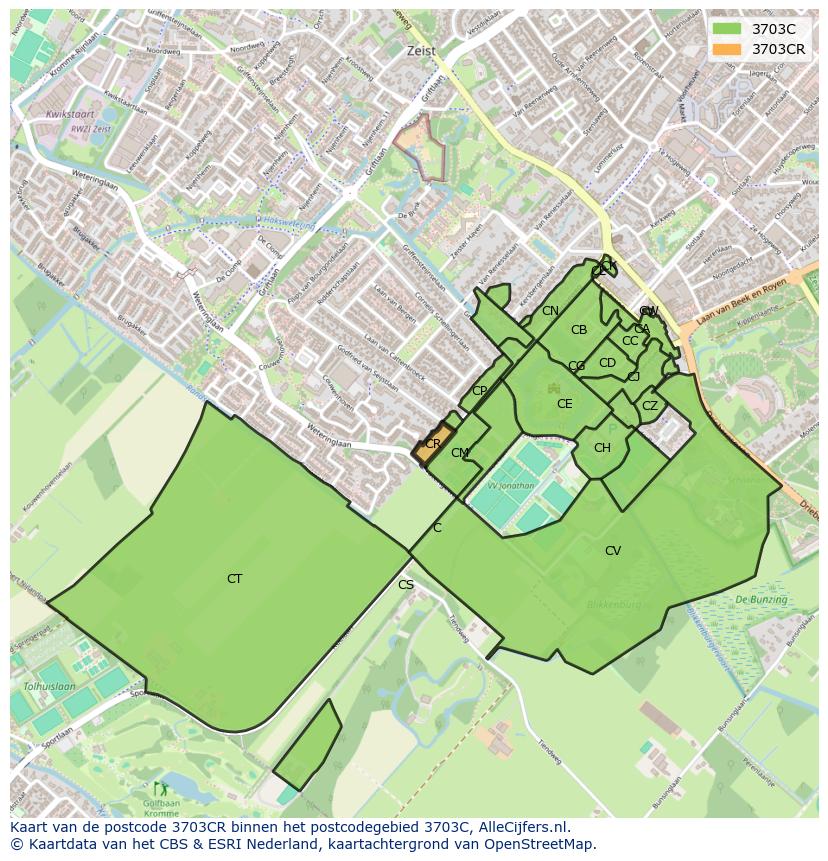 Afbeelding van het postcodegebied 3703 CR op de kaart.