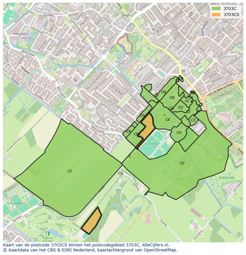 Afbeelding van het postcodegebied 3703 CS op de kaart.