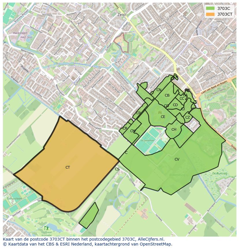 Afbeelding van het postcodegebied 3703 CT op de kaart.