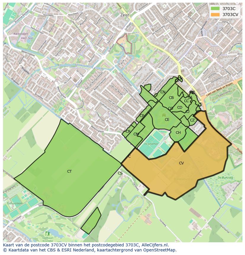 Afbeelding van het postcodegebied 3703 CV op de kaart.