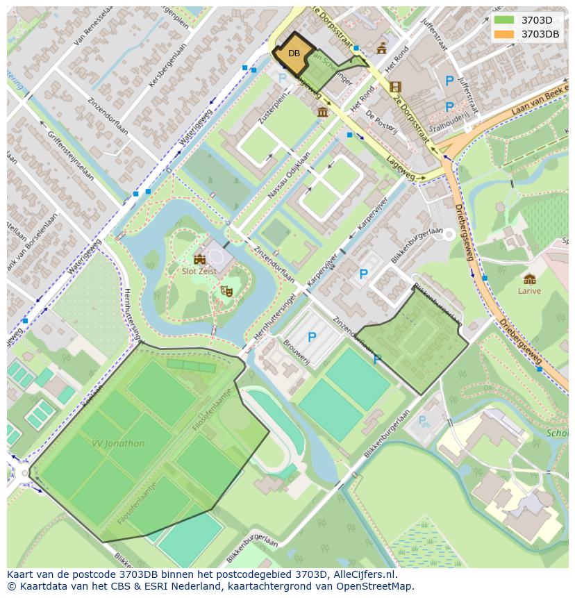 Afbeelding van het postcodegebied 3703 DB op de kaart.