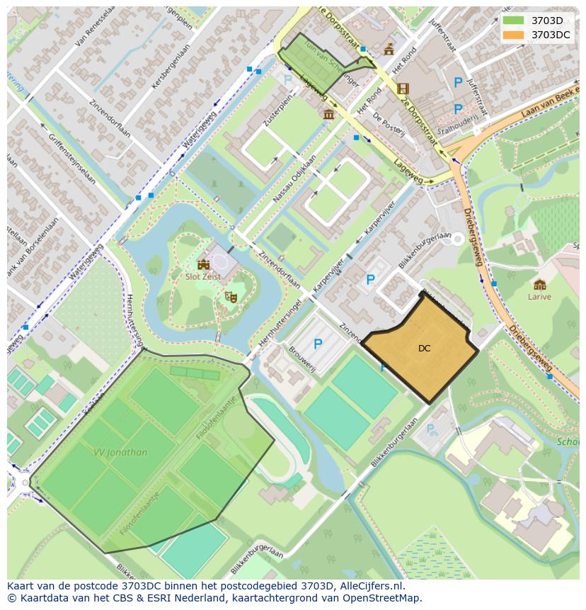 Afbeelding van het postcodegebied 3703 DC op de kaart.