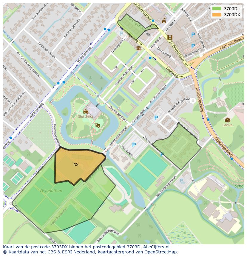 Afbeelding van het postcodegebied 3703 DX op de kaart.