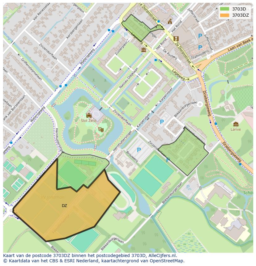 Afbeelding van het postcodegebied 3703 DZ op de kaart.