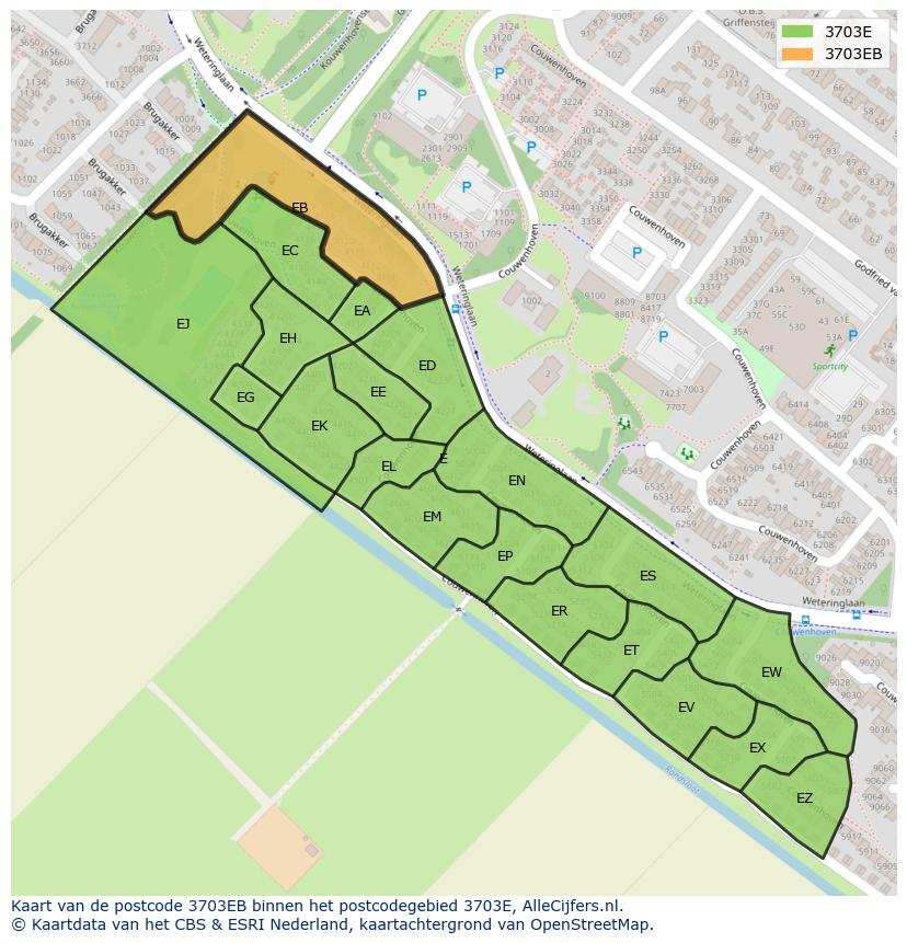 Afbeelding van het postcodegebied 3703 EB op de kaart.