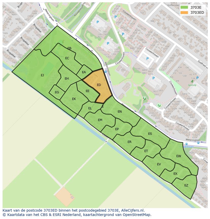 Afbeelding van het postcodegebied 3703 ED op de kaart.
