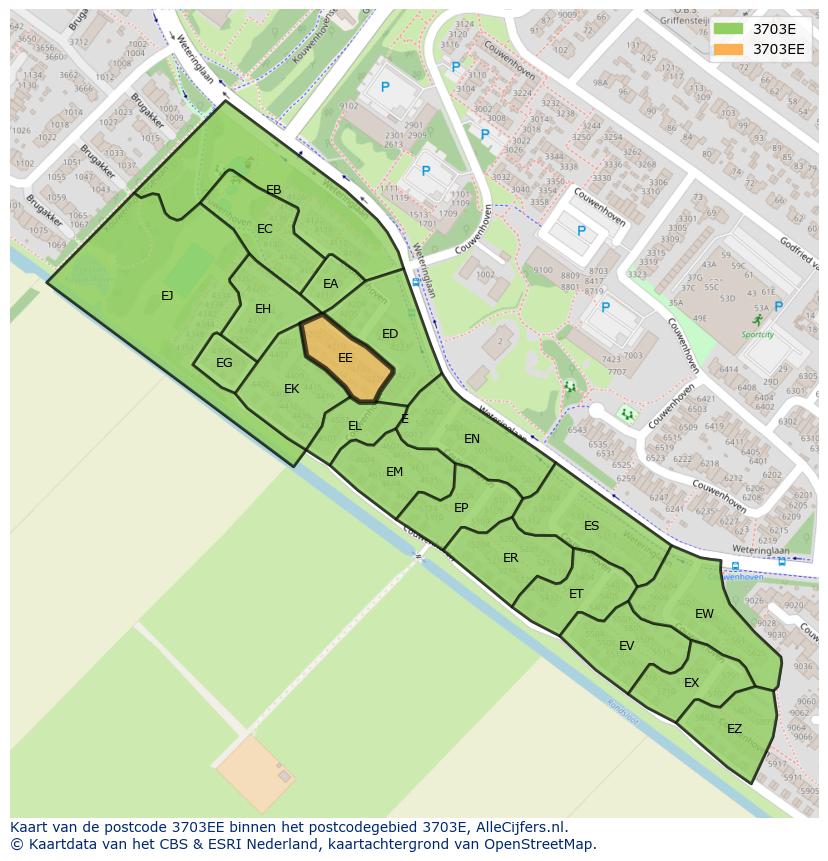 Afbeelding van het postcodegebied 3703 EE op de kaart.