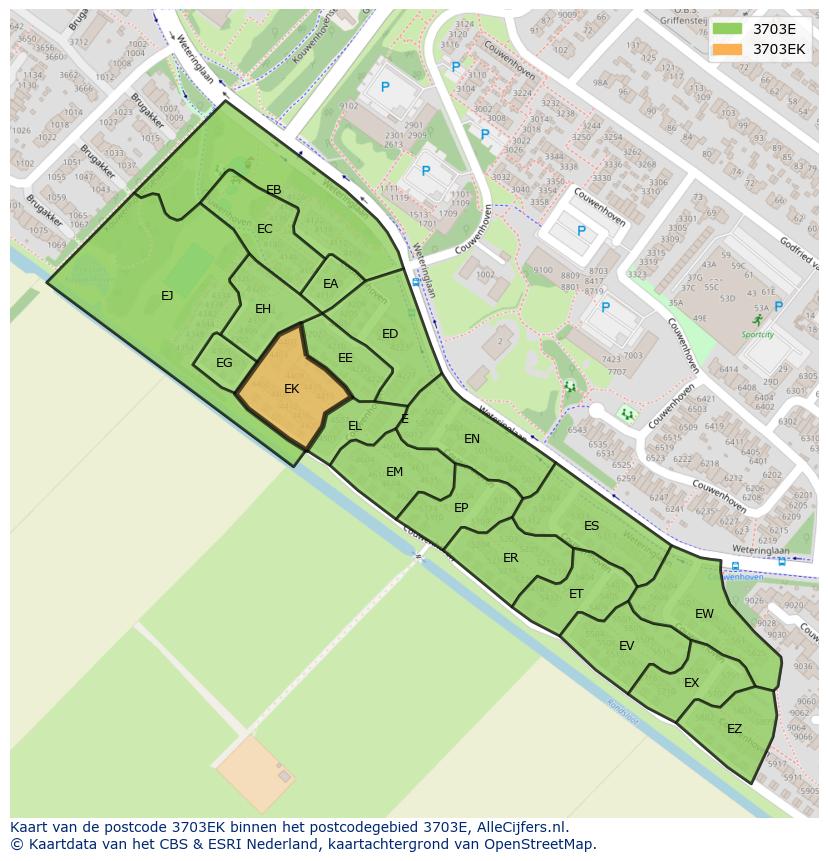 Afbeelding van het postcodegebied 3703 EK op de kaart.