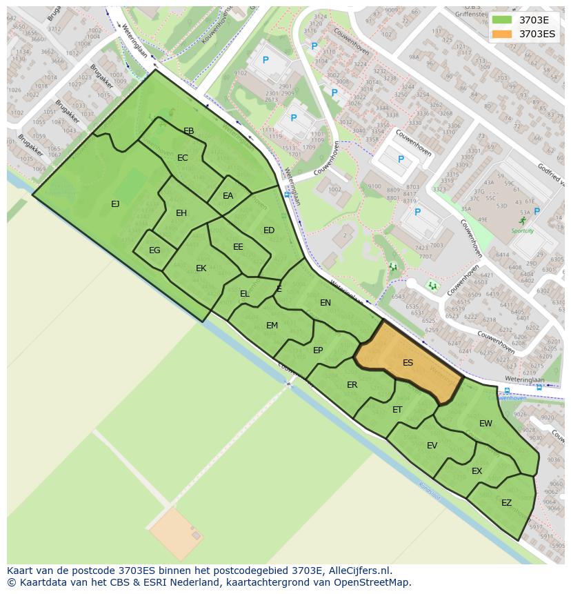 Afbeelding van het postcodegebied 3703 ES op de kaart.