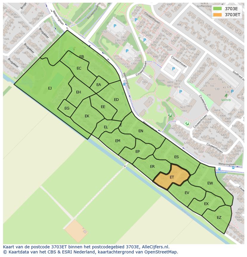 Afbeelding van het postcodegebied 3703 ET op de kaart.
