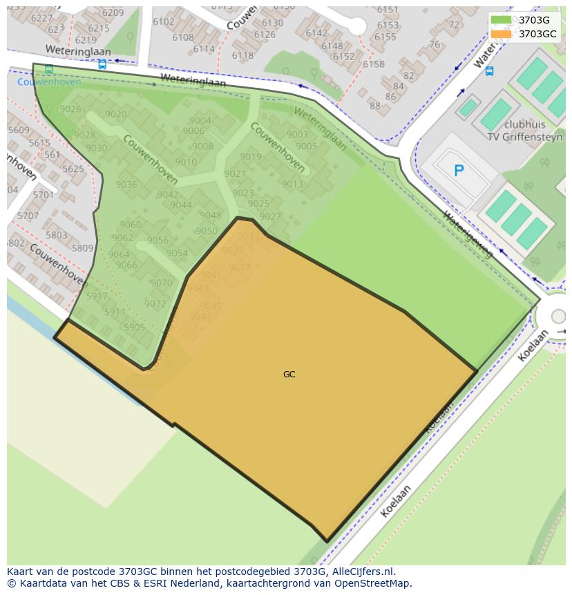 Afbeelding van het postcodegebied 3703 GC op de kaart.