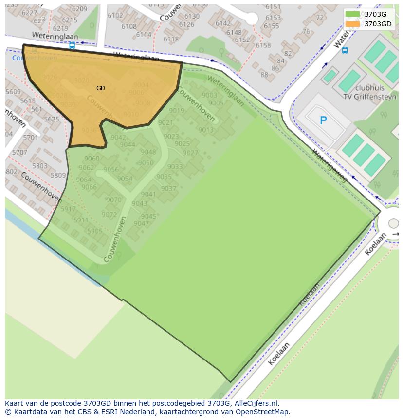 Afbeelding van het postcodegebied 3703 GD op de kaart.