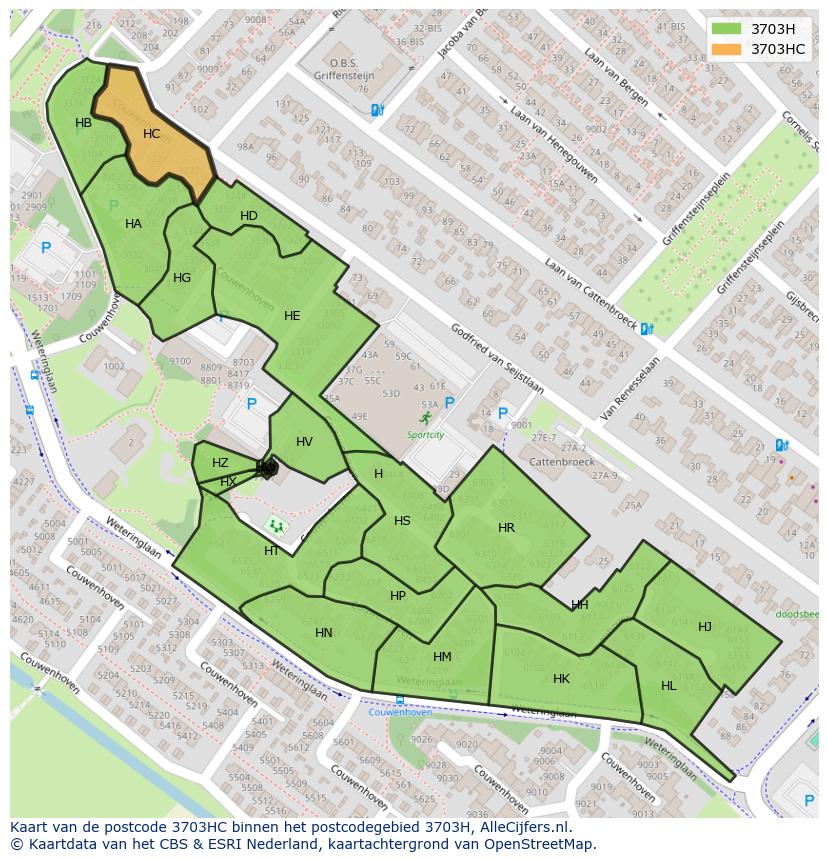 Afbeelding van het postcodegebied 3703 HC op de kaart.