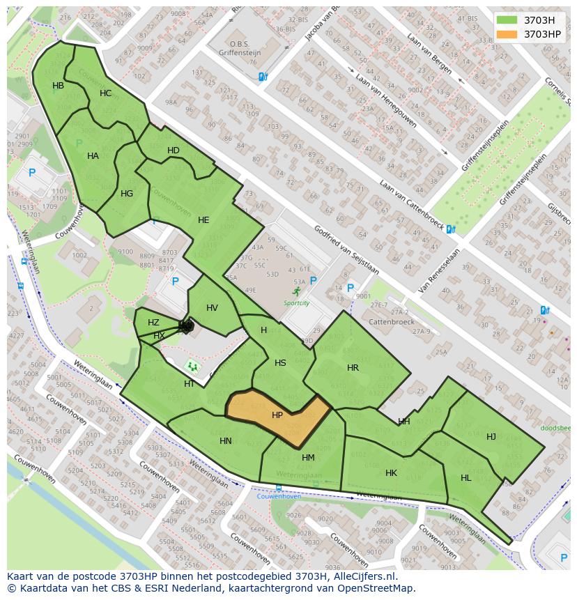 Afbeelding van het postcodegebied 3703 HP op de kaart.