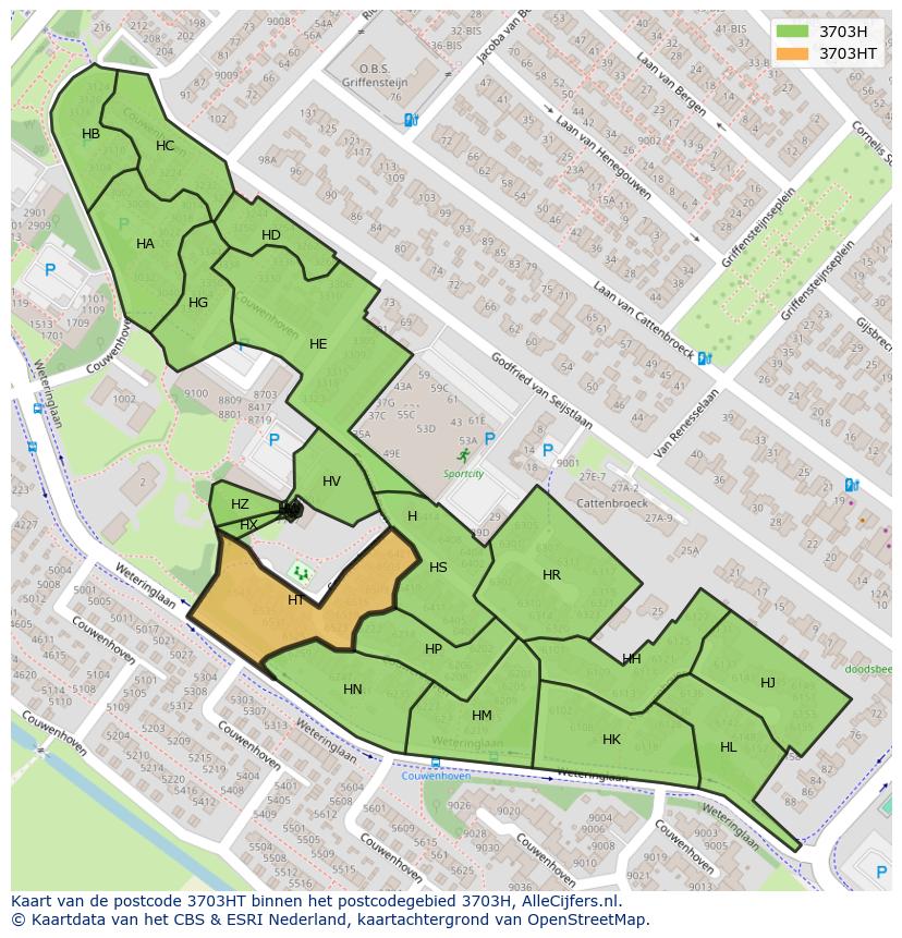 Afbeelding van het postcodegebied 3703 HT op de kaart.