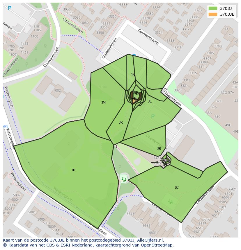 Afbeelding van het postcodegebied 3703 JE op de kaart.