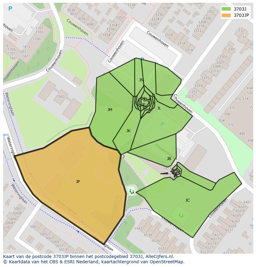 Afbeelding van het postcodegebied 3703 JP op de kaart.