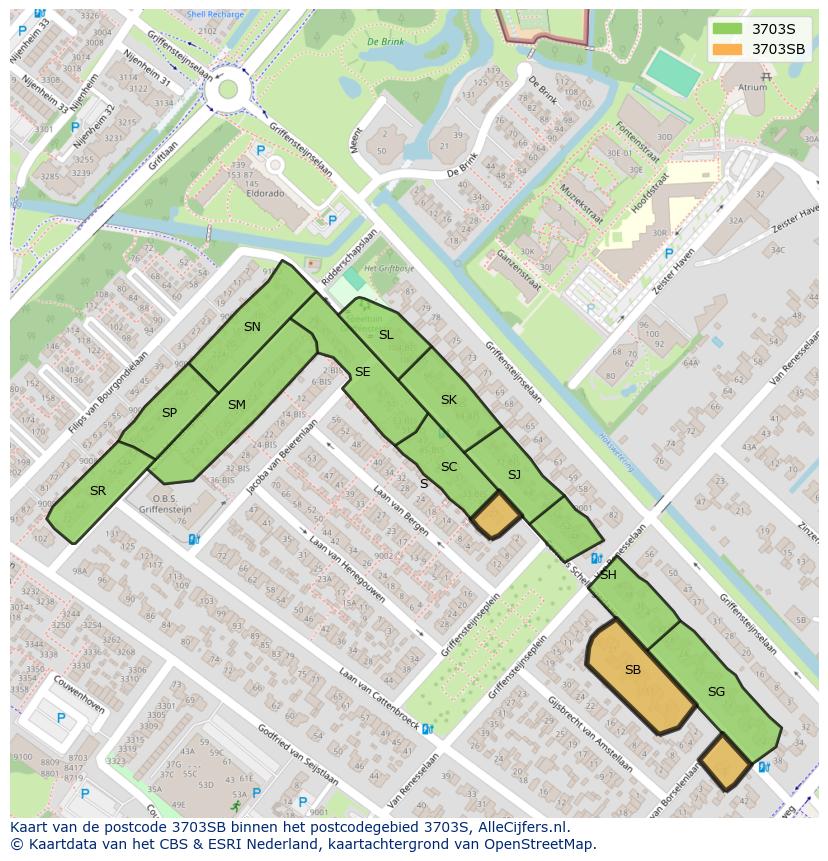 Afbeelding van het postcodegebied 3703 SB op de kaart.