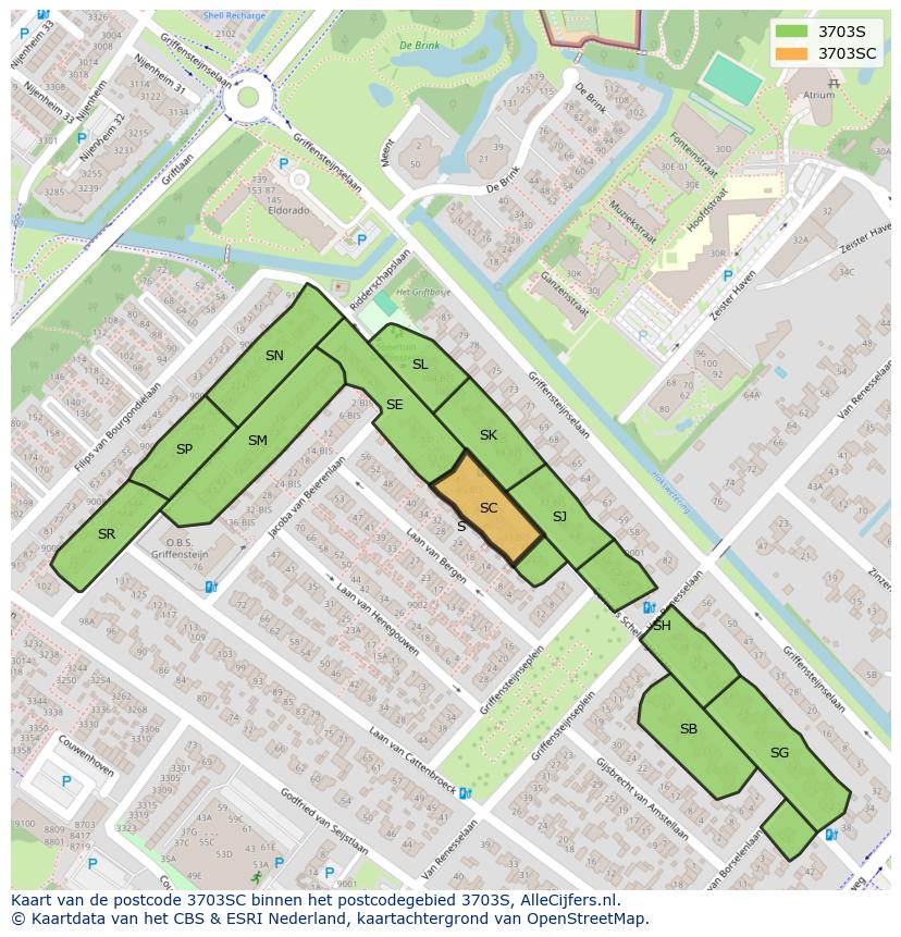 Afbeelding van het postcodegebied 3703 SC op de kaart.