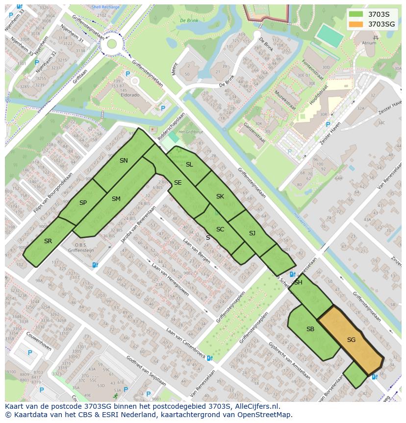 Afbeelding van het postcodegebied 3703 SG op de kaart.