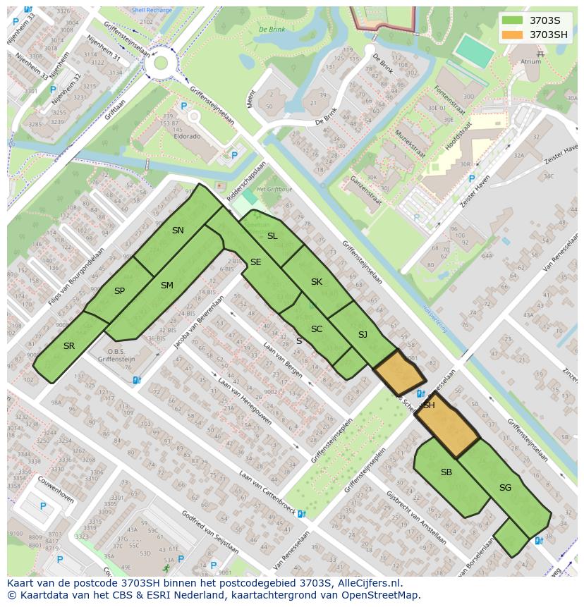 Afbeelding van het postcodegebied 3703 SH op de kaart.