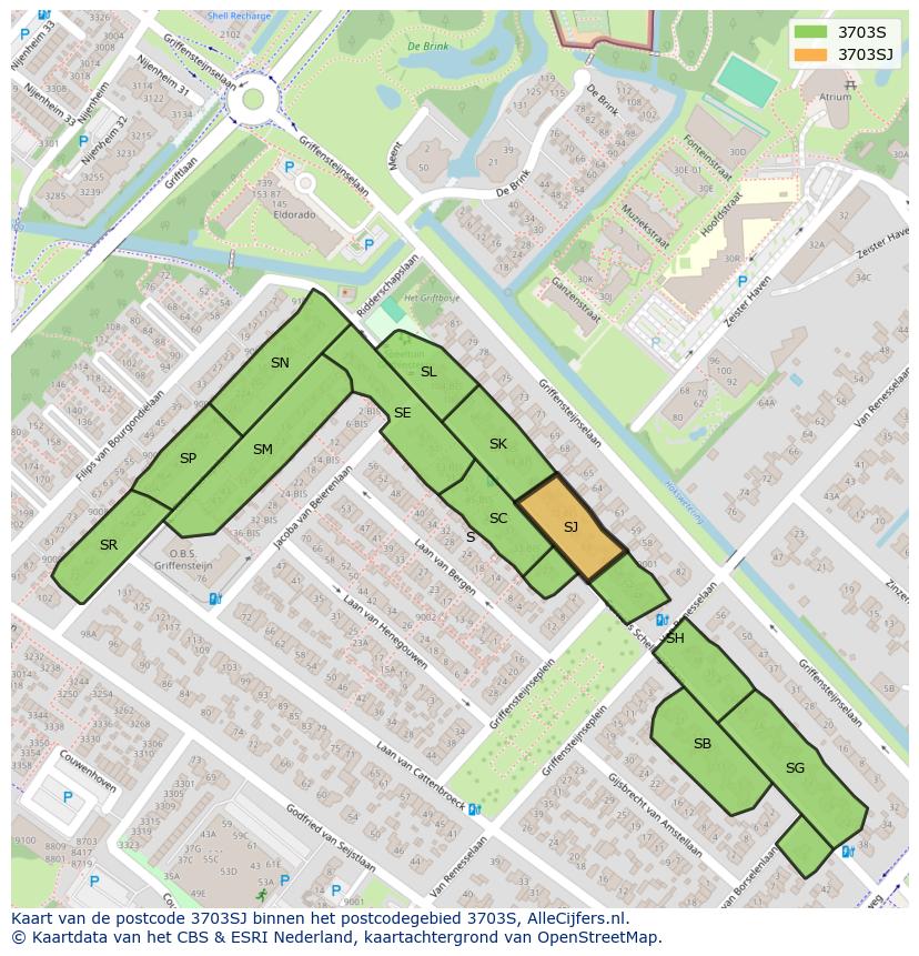 Afbeelding van het postcodegebied 3703 SJ op de kaart.