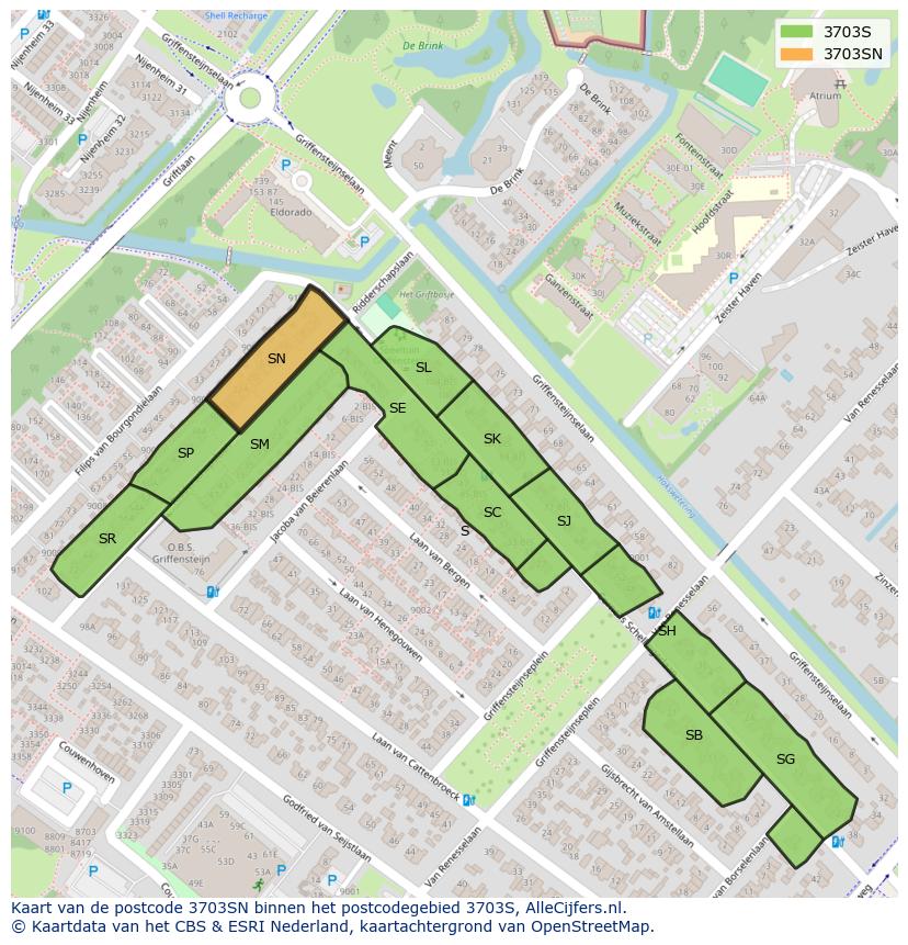 Afbeelding van het postcodegebied 3703 SN op de kaart.