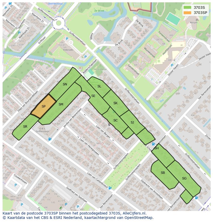 Afbeelding van het postcodegebied 3703 SP op de kaart.