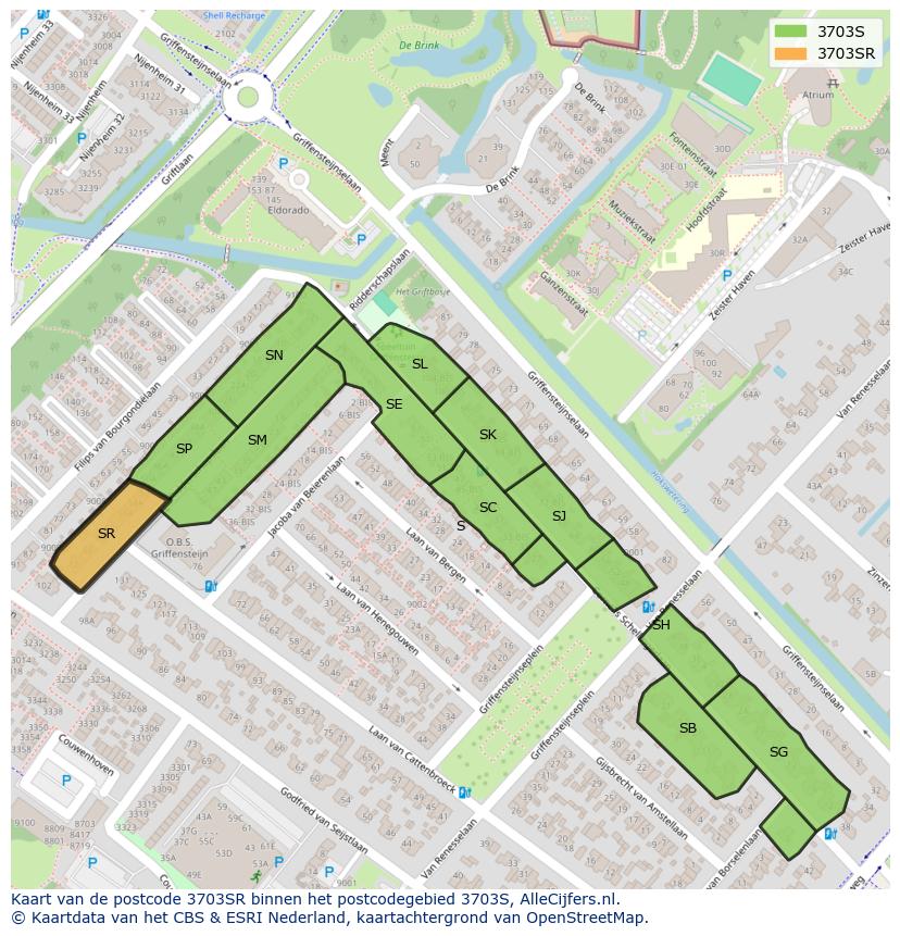 Afbeelding van het postcodegebied 3703 SR op de kaart.