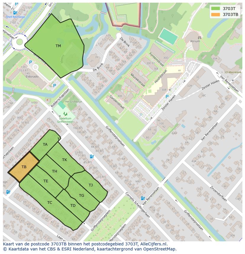 Afbeelding van het postcodegebied 3703 TB op de kaart.