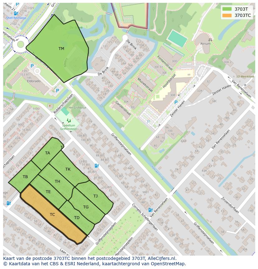 Afbeelding van het postcodegebied 3703 TC op de kaart.