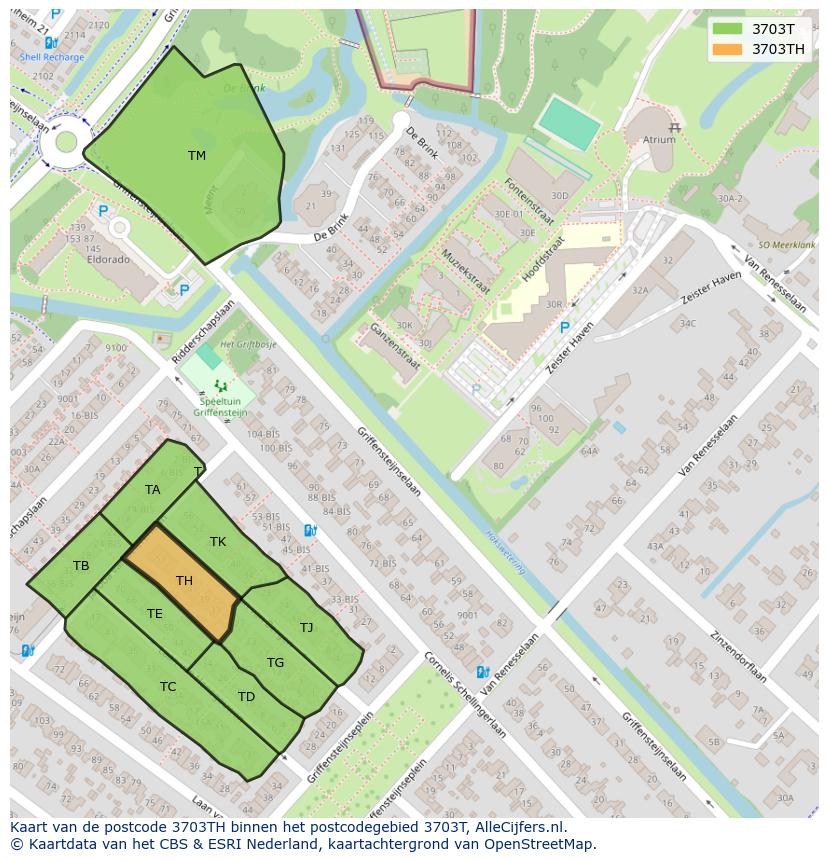 Afbeelding van het postcodegebied 3703 TH op de kaart.