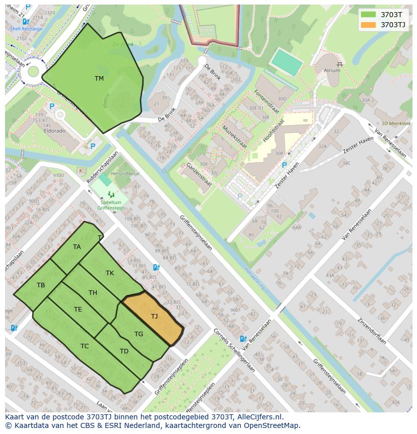 Afbeelding van het postcodegebied 3703 TJ op de kaart.