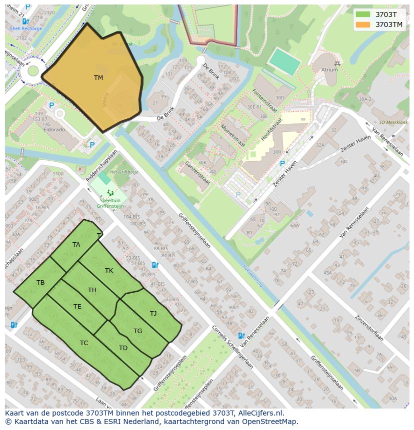 Afbeelding van het postcodegebied 3703 TM op de kaart.